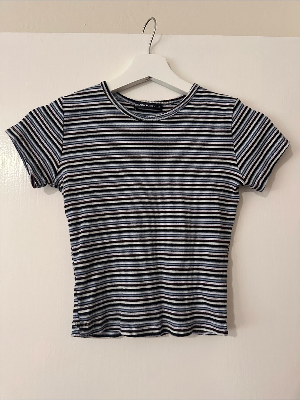 Brandy Melville Navy, White & Light Blue Striped Short Sleeve Tee